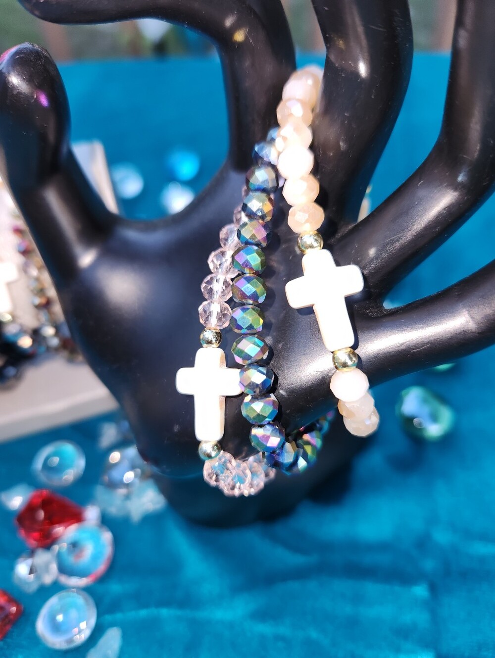 Beaded Cross Stretch Bracelet - White Cross, Multicolor Beads Your Choice - Picture 3 of 8